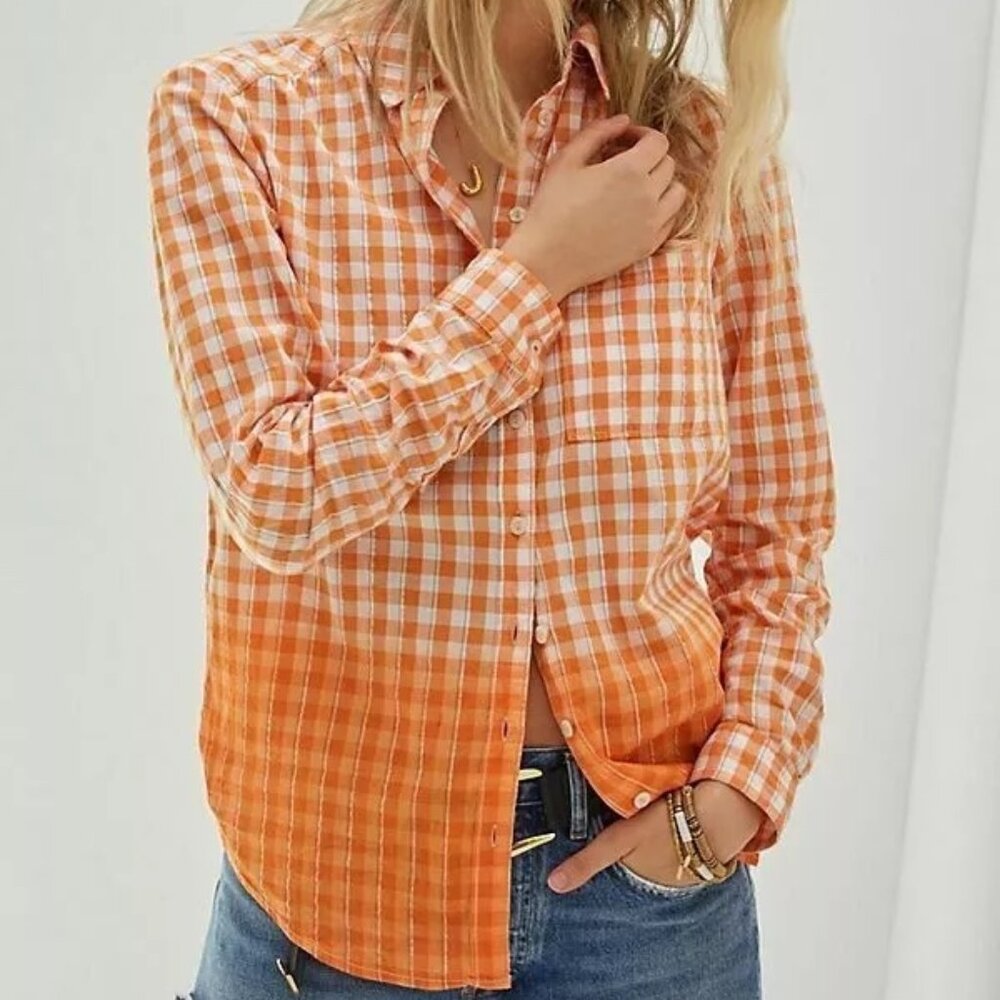 Anthropologie Pilcro Deb Relaxed Buttondown Shirt Buffalo Check Orange Size XS